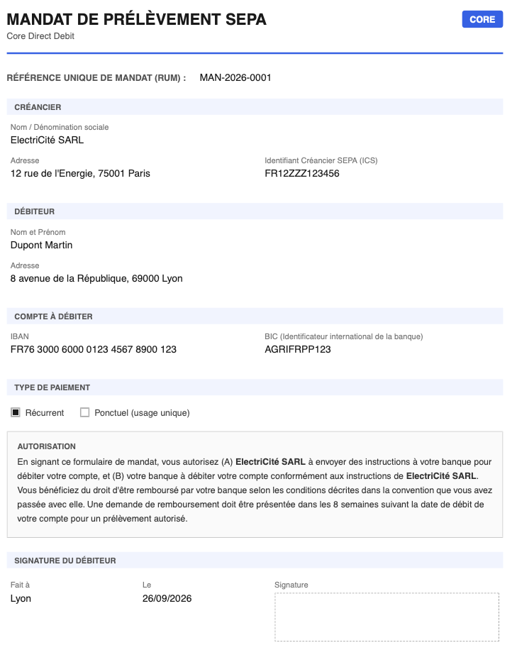 Exemple de mandat SEPA conforme à la législation